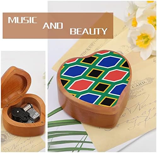 Апстрактна јужна Африка знаме Дрвена музичка кутија за ветровито во облик на срцеви музички кутии случај за роденден на годишнината