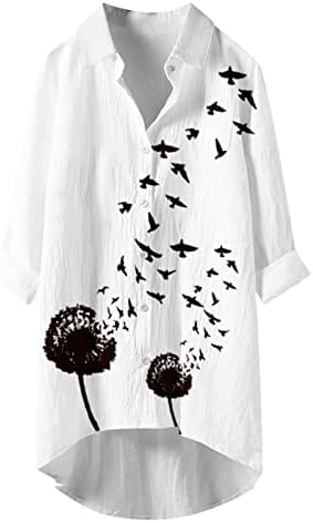 Блузи со долг ракав за тинејџери есен летен желка врат фигура цветна графичка салон на врвни жени копче 2023 kh