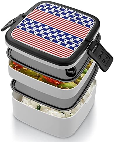Дизајн на американско Знаме Кутија За Ручек Пренослива Двослојна Бенто Кутија Сад За Храна Со Голем Капацитет За Ручек Со Лажица