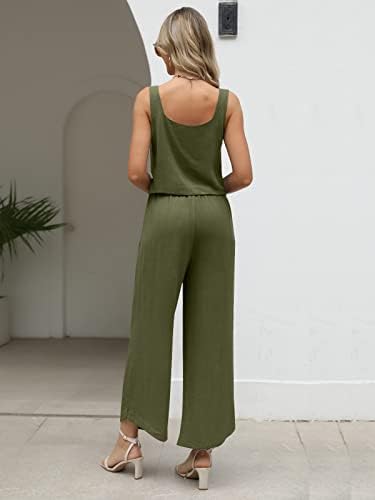 Автоматски жени 2 парчиња облеки за салони за совпаѓање Постелнини со ленени панталони со ширина на нозете со џебови 2023 модна облека