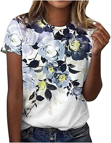 Женски кратки ракави маички цветни графички блузи маица со чамец вратот случајни есен летни маички 2023 мека удобна облека ДС