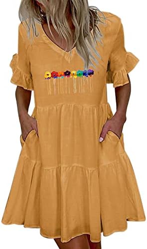 HGNAY летен памучен постелнина фустан за жени краток ракав против вратот моден цветни печатени линиски џебни фустани за замав
