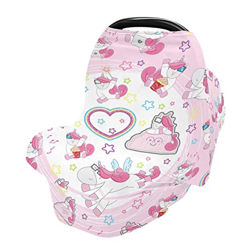 Шарени капаци на седиштето за бебиња со еднорог - шетачи за покривање и капаци за доење, мулти -употреба на крошна на автомобили, за