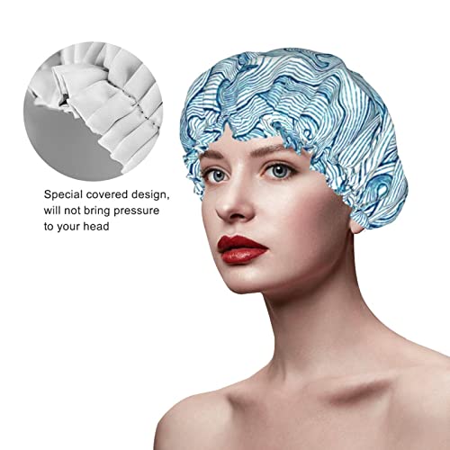Womenените што можат да се користат затегнати капа за коса, акварела тенка сина линија двојни слоеви водоотпорна капа за бања со капа за туширање