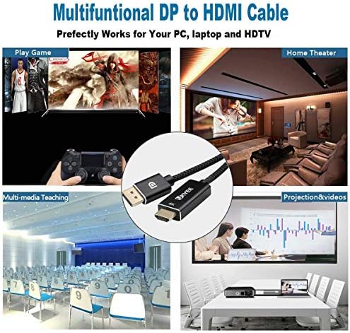 Ukyee Displayport на HDMI кабел 6ft 4K 2-пакет, најлонски плетенка на портата за приказ на HDMI кабелот 6 стапки за компјутери да ги следат,