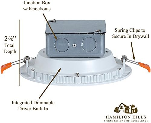 Хамилтон Хилс Тенок Круг 6 инчен Бел Led Тавански Светилки / 4000k Затемнувачко Светло За Рамна Монтажа Со Разводна Кутија | Дискови За Спуштање