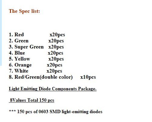 0603 SMD SMT CHIP LED Асортиман Комплет 8 Вредност вкупно 150 парчиња светлина емитер диоди