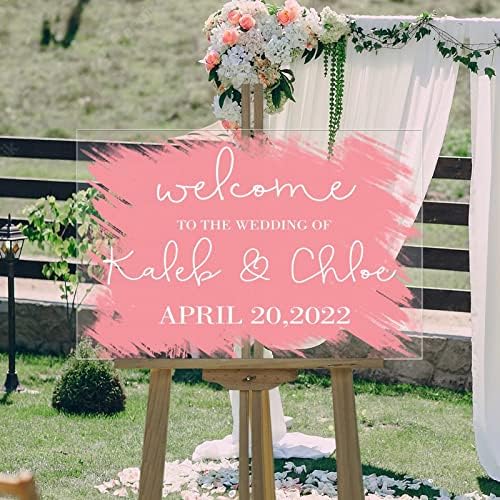Добредојдовте на нашата свадба персонализирана свадба добредојде знаци насликани руменило розово свадба знак модерен акрилен трем добредојде