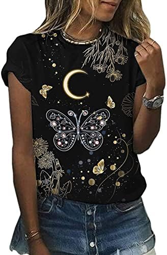 Летна маичка за печатење на пеперутка за печатење за жени за жени, модни кратки ракави врвови летни обични основни екипи на вратот на вратот
