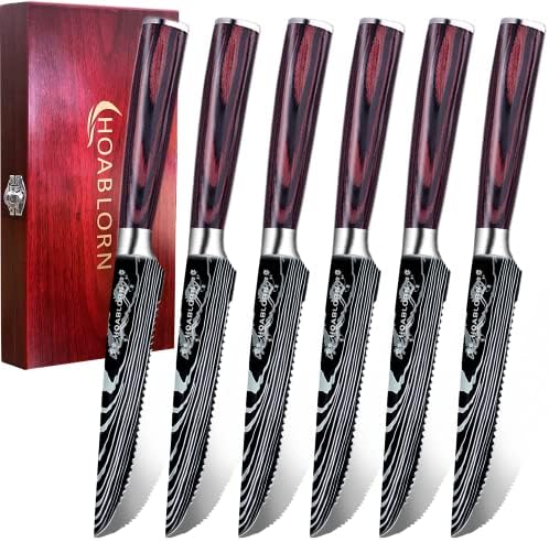 Hoaplorn стек ножеви сет од 6 насеани стек ножеви мали готвачи стек нож постави германски не'рѓосувачки челик 'рѓа отпорна кујна сецкаат