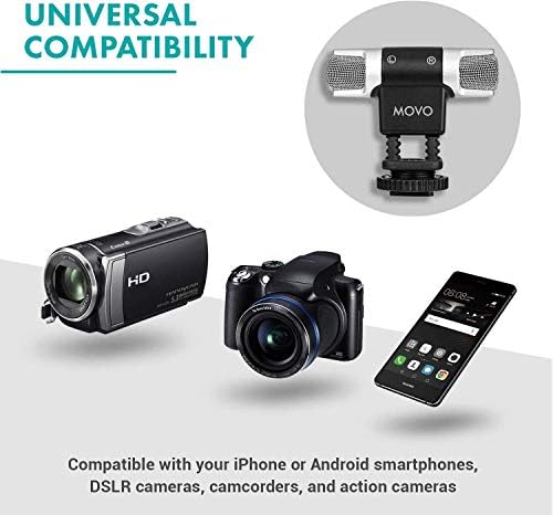 Movo VXR3000 Универзален стерео микрофон со пена и крзнено шофершајбна и куќиште за патувања - за паметни телефони на iPhone и Android, Canon