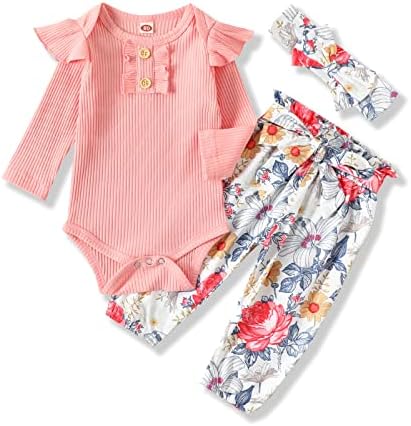 Kislio новородени девојчиња облека Ribbed Ruffled Romper+Floral Pantans+Headbard Land Label Compet Sett