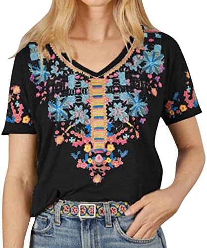 Здфер извезени врвови за жени летни V-вратот краток ракав Бохо кошули селански блузи лабави врвови на хипи маици