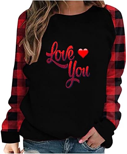 Денот на в Valentубените кошули жени блуза loveубов срце графичка графичка маичка со долги ракави, спојувајќи го биволот кариран пулвер