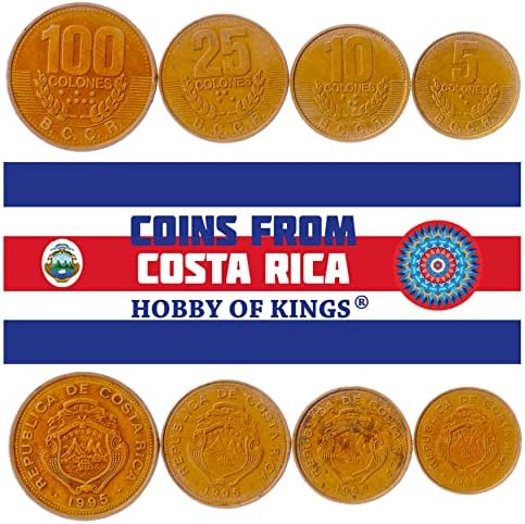 4 Монети Од Костарика / Костарика Тико Монета Колекција 5 10 25 100 Колони | Циркулирани 1995 | Брод | Ѕвезда | Вулкан | Кафе Гранка
