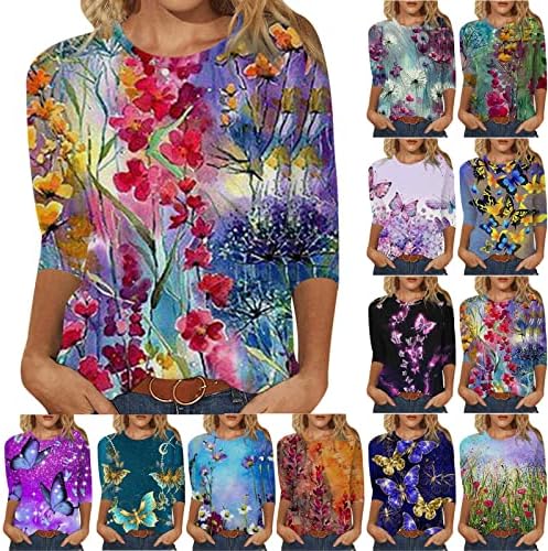 Маици со 3/4 ракави маички модни екипаж тунични кошули со преголеми цветни печатени блузи врвови на блузи