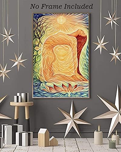 Апстрактна постер за медитација на јога, јога девојче Сонце чакра wallидна уметност, заздравување на сончевата енергија за декор на