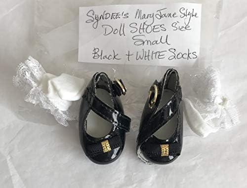 Занаетчиски 1 пар кукли чевли боја црна w лента за глуждот со мала големина 2 долга и 1 пар бели чорапи w чипка трим