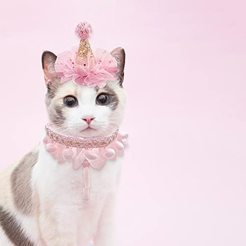 Рукухот роденденска шамија сет за миленичиња кутре мачка, симпатична чипка бандана биб шамија круна капа принцеза костим за мачки мали кучиња,