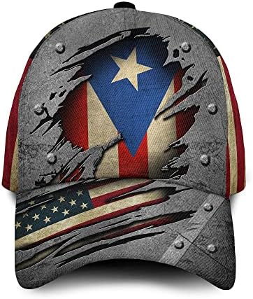 Капчиња со знаме на Порто Рико за мажи, ретро пукнатина метал Порто Рико американско знаме за знаме, печатена, бејзбол капа за повеќебојни