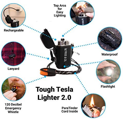 Survival Frog Tught Tesla Lighter 2.0 - Водоотпорни и ветровити запалки - запалени врвни двојни лакови плазма, USB -полнење