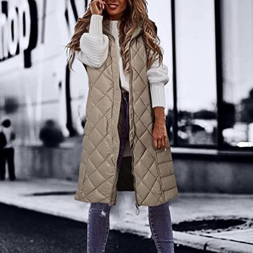 Женски зимски долги пафери елек плус големина Gilet без ракави патент топла надворешна парка јакна надворешна облека со џеб