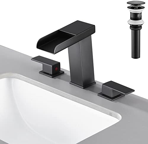 Loopan 8-инчен широко распространета тапа за бања 3 дупка црн квадрат во форма на водопади модерна суета мијалник со мијалник 2 рачка со линии