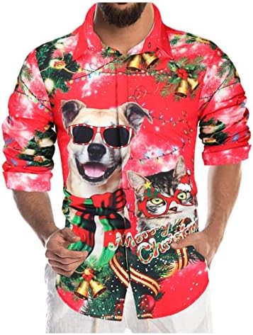 XXBR Среќни Божиќни кошули за мажи, Божиќ Дедо Мраз мачка куче печатено копче надолу, скратено јака, обична забава маица маица маици за облека Полос Хенлејс, случајни