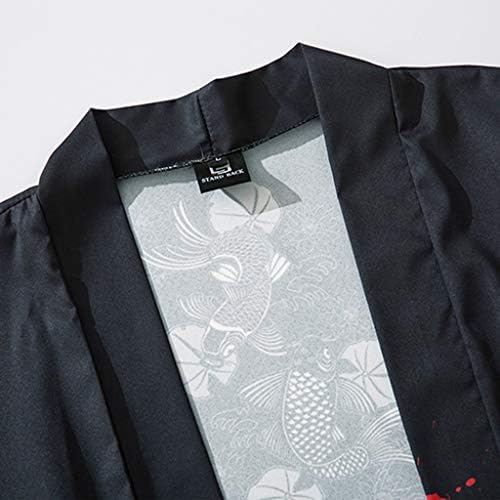Xxbr Јапонски кимоно кардиган за мажи, лабава отворена предна 3/4 ракав лесен ukiyoe змеј печатена јакна за обична наметка