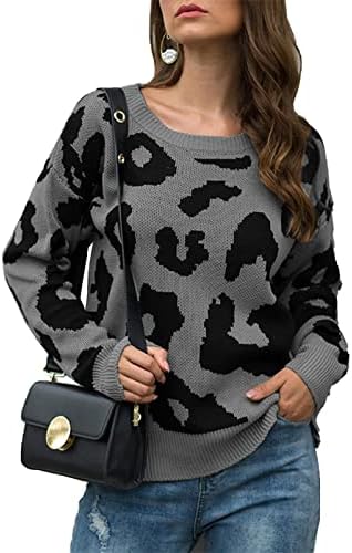 Women'sенски кабел плетен џемпер зимски о-врат леопард печатен пулвер со долг ракав џемпер врвна сива маичка