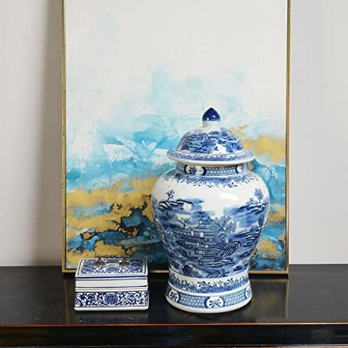 Сина и бела порцеланска античка пејзаж сликарство тегла со кинески керамички рачно насликана цветна вазна со капак за декорација на дневна