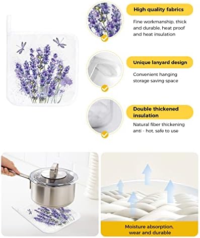 Кујнски патол сет од 5, поле Виолетова лаванда цветна лангава садови држачи топлински доказ за топла подлога, рустикално цвеќе акварели со