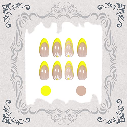 Votacos Француски совет притискајте на ноктите долги бадеми лажни нокти голи лажни нокти со жолт дизајн сјајно стапче на нокти за жени