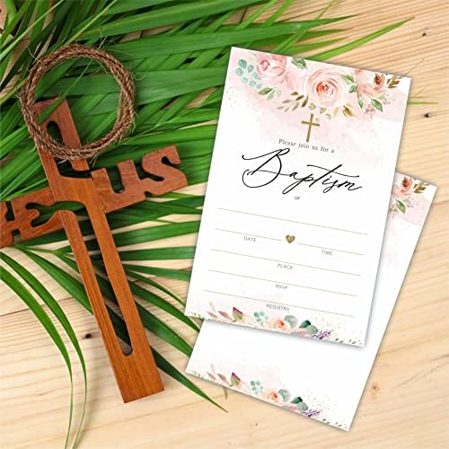 Покани за цветно крштевање на Tpyen, 25 пополнети картички со покани со коверти - церемонија за именување на крштевање, украси и материјали