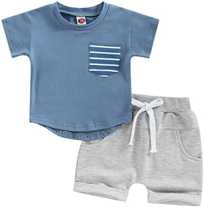 Облека за бебешки момче со кратки ракави со кратки ракави ленти за вратот со еластична половината со цврста боја шорцеви летна облека
