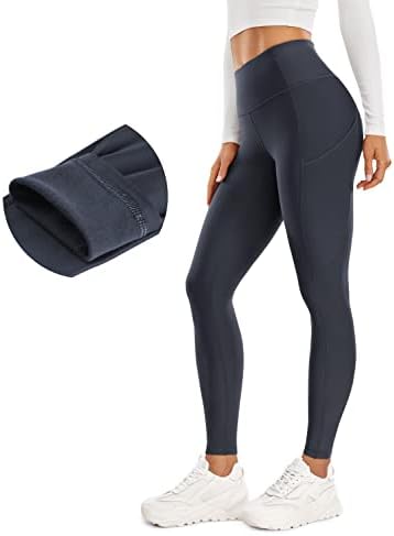 ЦРЗ Јога термичко руно наредени хеланки жени 28 '' - Зимски топло високо половини за пешачење со џебови со тренингот за џебови кои