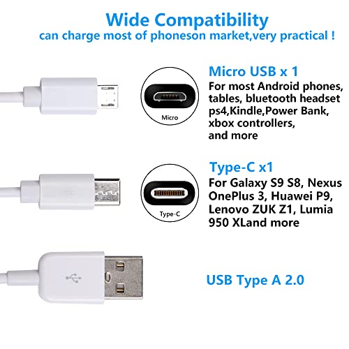 CERXIAN 0,3 m 2 во 1 USB 2.0 Тип А До Микро USB И USB Тип C Сплитер Кабел За Полнење, Мулти USB Полнење И Податоци Snyc Кабел(Бело