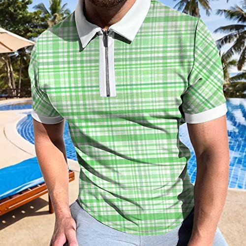 XXBR MENS LUTHIT 2 PIECTS CHECKED CRAID PRINT Краток ракав Зип Поло голф кошули шорцеви поставени опуштени вклопувачки спортски облеки