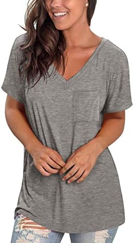 QCEMENI женски маици обични лабава лабава краток ракав против врвовите на вратот модни градите џебови тунични кошули летни цврсти