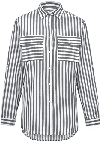 Женска Блуза Со Јака Со Пруги 2023 Пролет Мода Кошули Со Копчиња Со Долги Ракави Облечени Работни Врвови Лабава Кошула Со Пруги
