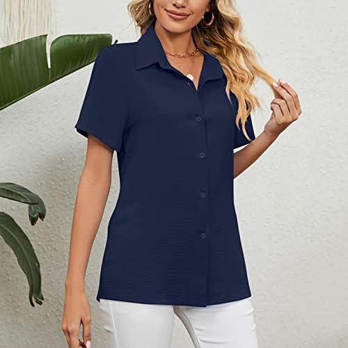Women'sенски 2023 летно трендовски копче нагоре кошули со кратки ракави блузи V вратите Обични туники цврсти врвови во боја