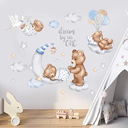 Некогаш спиење бебе мечка wallидни налепници сонуваат големи облаци балони кораат и лепеат wallидни уметнички решенија за детска спална соба