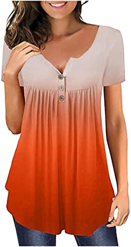 LCEPCY жени летни градиенти на Туника Туника за хеланки V копче за кратки ракави со кратки ракави, криви полите, обични блузи