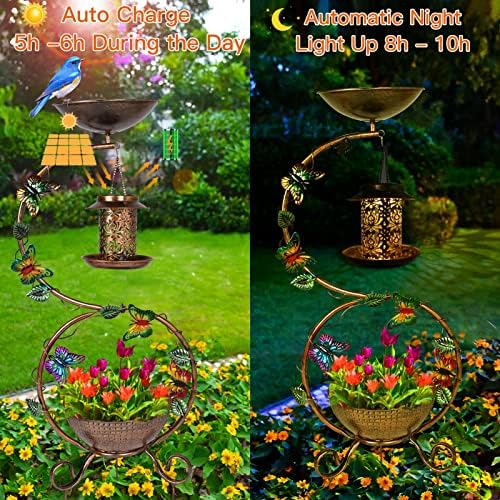 Yingfeimodern на отворено птици бања со соларна ламба виси, 37 висина хонорарна бања за птици за градина, метални птици со цвеќиња подножје