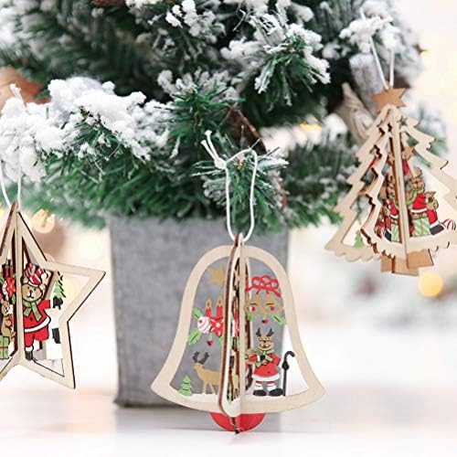Амосфун 3 парчиња Божиќ стерео шупливи приврзоци Декорации Дрвени тродимензионални starвездени во форма на starвезди и стилот на дрвото за