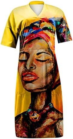 Dopocq плус фустан со големина за жени 2023 летен африкански етнички стил v вратот со краток ракав фустан лабав миди фустан со џебови