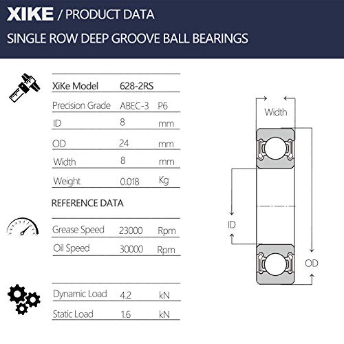 XiKe 10 Парчиња 628-2RS Двојни Гумени Лежишта за Заптивки 8x24x8mm, Претходно Подмачкани и Стабилни Перформанси и Економични, Топчести Лежишта