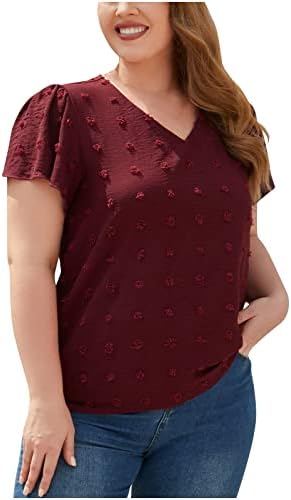 Цврста боја на жените, лабава v врат-блузи, обична еластична еластична кратка ракав исечка маица 2023 летен моден врв