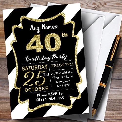 Црно Бели Дијагонални Ленти Злато 40-Ти Персонализирани Покани За Роденденска Забава