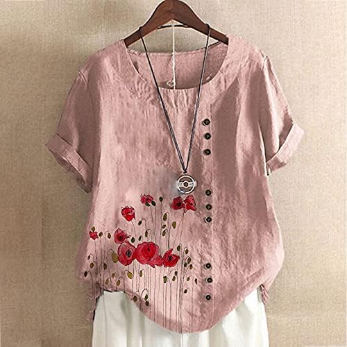 Женски памучни постелнини врвови летни кратки ракави цветни печати кошули од туника